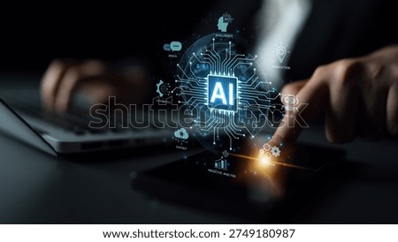Concept of an enterprise Artificial Intelligence solution. A central processor powers machine learning for business automation, innovation, and intelligent data analysis. Parse