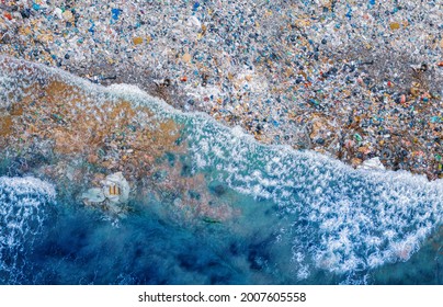 Concept Environment Plastic Pollution Asia Ocean And Water With Human Waste. Aerial Drone Top View.