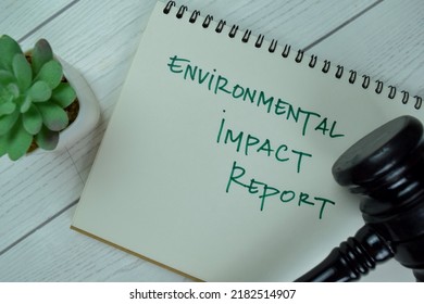 Concept Of Environmental Impact Report Write On A Book With Gavel Isolated On Wooden Table.