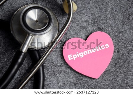 Concept of Epigenetics write on sticky notes isolated on Wooden Table. stethoscope and pharmaceuticals
