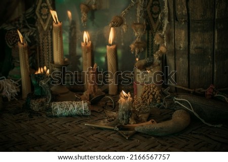 Concept of esoteric, incantation, future predict and paganism, power of wicca, rite on a altar