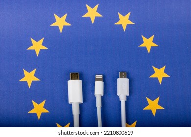 Concept For EU Law To Force USB-C Chargers For All Phones. EUROPEAN UNION Flag And USBC Universal Charging Cable As A Standard For Small Electronic Devices