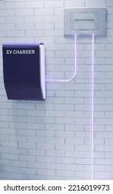 Concept Of EV Electric Car Home Charging Point In Garage.