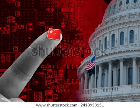 Concept exploring the ever-present threat of China to American National Security.  A human finger holders a microchip with a Chinese flag on it against the backdrop of motherboard and the US Capitol