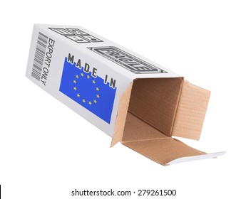 Concept of export, opened paper box - Product of the European Union