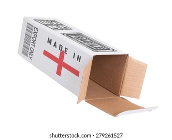 Concept of export, opened paper box - Product of England