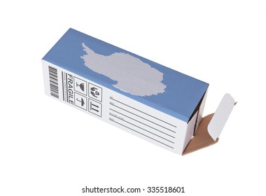 Concept of export, opened paper box - Product of Antarctica