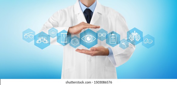 concept of eye examination, optician hands protecting eye icon, prevention and control, web banner infographics with diagnostic tools symbols, isolated on blue background