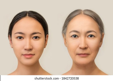 The Concept Of Facial Aging. Asian Woman Young And Old, Comparison. Skin Aging, Wrinkles And Gray Hair