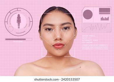 Concept of Facial recognition and affective computing technology. Database of personal info upon identifying face of a young woman, for surveillance or ad targeting.