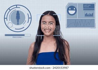 Concept of Facial recognition and affective computing technology. Database of personal info upon identifying face.