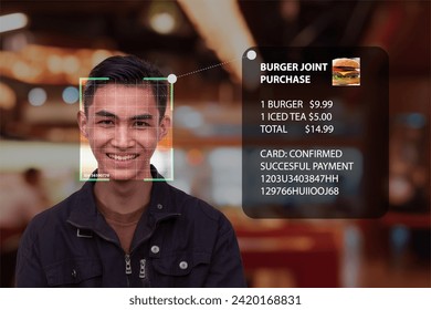 Concept of facial recognition scan used for confirming payment for food transaction at fastfood restaurant. POV from terminal kiosk. Emerging wearable and contactless payment technology. - Powered by Shutterstock