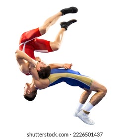 The concept of fair wrestling. Two greco-roman  wrestlers in red and blue uniform wrestling   on a white background.The concept of fair wrestling