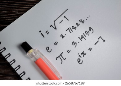 Concept of famous euler equation write on book isolated on Wooden Table.