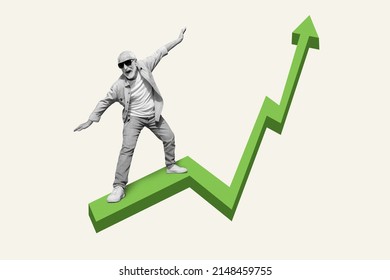 Concept of fast increasing income. Middle aged man surfing green arrow going up isolated pastel color background
