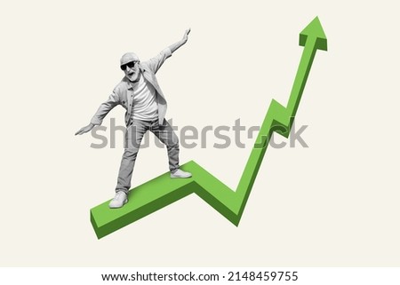 Concept of fast increasing income. Middle aged man surfing green arrow going up isolated pastel color background