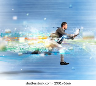 Concept of fast internet with running businessman with a laptop