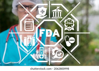 Concept Of FDA Food And Drug Administration. Nutrition, Foods, Pills Quality Control Department.