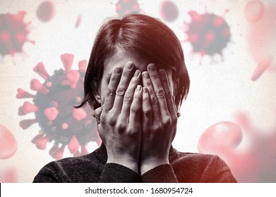 Concept Of Fear Of Coronavirus. Woman Covers Her Face Her Hands On Background With Coronavirus.