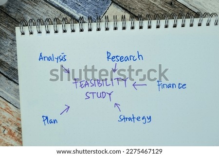 Concept of Feasibility Study write on book with keywords isolated on Wooden Table.