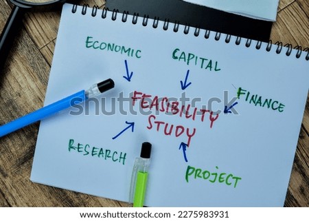 Concept of Feasibility Study write on book with keywords isolated on Wooden Table.