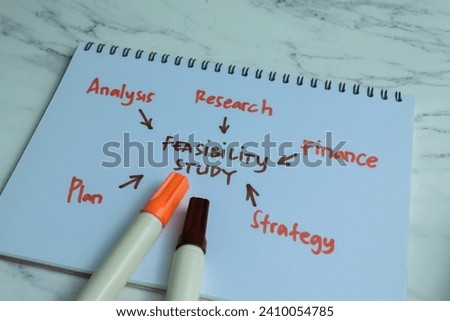 Concept of Feasibility Study write on book with keywords isolated on Wooden Table.