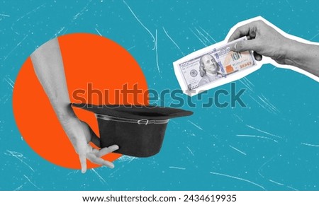 The concept of financial literacy and education. Human hand with cap and with dollars. Art collage. Business concept.