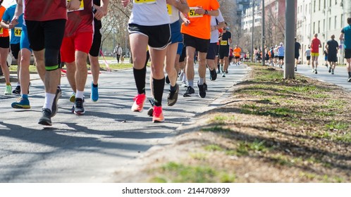 The concept of fitness, sports, friendship, racing and a healthy lifestyle - a group of friends or athletes who run a marathon in the city