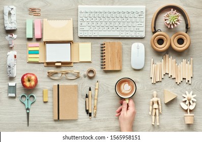 Concept Flat Lay With Modern Office Supplies From Eco Friendly Sustainable Materials. Flat Lay On Office Table Without Single Use Plastic To Reduce Waste At Workplace. Tetris Challenge In Office.