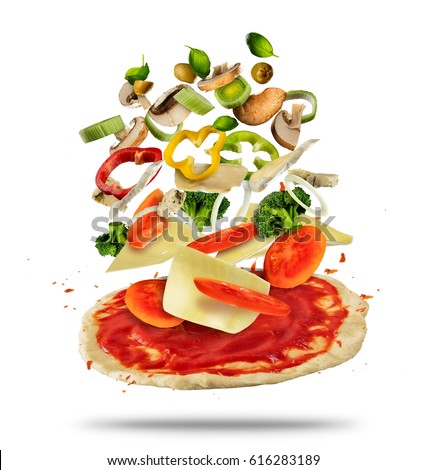 Concept of flying ingredients with pizza dough, isolated on white background. Food preparation, fresh meal ready for cooking