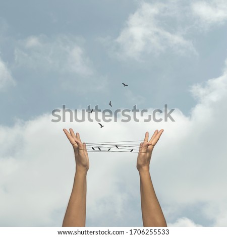 concept of freedom of birds that flie away from a man-made trap