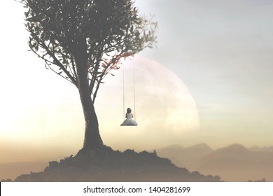 concept of freedom and relaxation of a young girl swinging on a swing in front of a surreal landscape