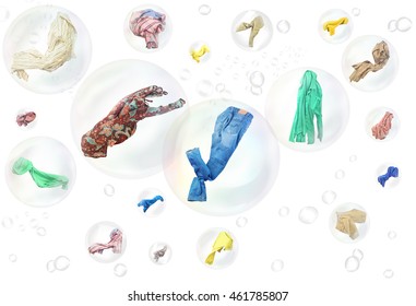 Concept Of Freshness. Clothes Flying Inside Soap Bubbles. Washing And Clean Concept. Isolated On White Background.