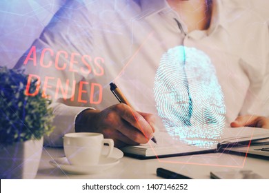 Concept of the future of security and password control through advanced technology. Fingerprint scan provides safe access with biometrics identification. Multi exposure.