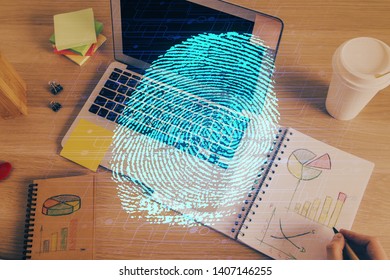 Concept of the future of security and password control through advanced technology. Fingerprint scan provides safe access with biometrics identification. Multi exposure.
