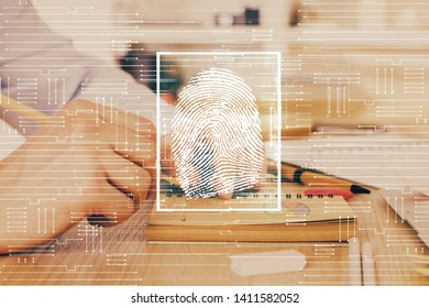 Concept of the future of security and password control through advanced technology. Fingerprint scan provides safe access with biometrics identification. Multi exposure.