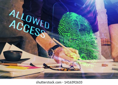 Concept of the future of security and password control through advanced technology. Fingerprint scan provides safe access with biometrics identification. Multi exposure.