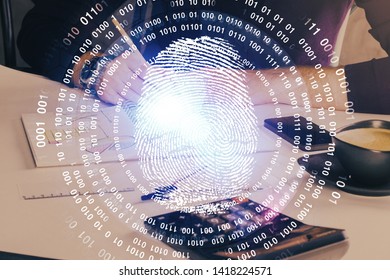 Concept of the future of security and password control through advanced technology. Fingerprint scan provides safe access with biometrics identification. Multi exposure.