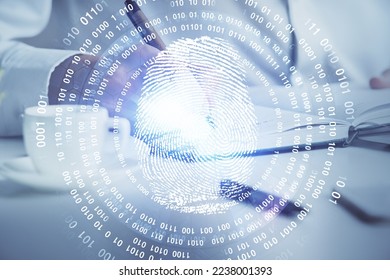 Concept of the future of security and password control through advanced technology. Fingerprint scan provides safe access with biometrics identification. Multi exposure.
