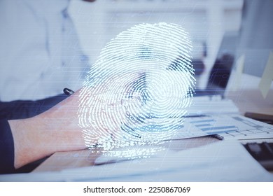 Concept of the future of security and password control through advanced technology. Fingerprint scan provides safe access with biometrics identification. Multi exposure.