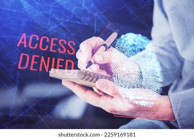 Concept of the future of security and password control through advanced technology. Fingerprint scan provides safe access with biometrics identification. Multi exposure.