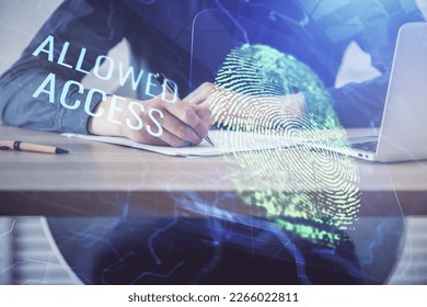 Concept of the future of security and password control through advanced technology. Fingerprint scan provides safe access with biometrics identification. Multi exposure.