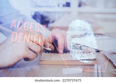 Concept of the future of security and password control through advanced technology. Fingerprint scan provides safe access with biometrics identification. Multi exposure.