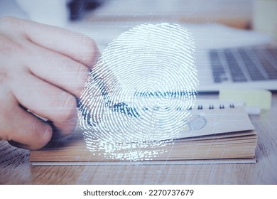 Concept of the future of security and password control through advanced technology. Fingerprint scan provides safe access with biometrics identification. Multi exposure.