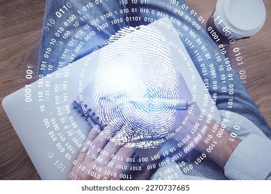 Concept of the future of security and password control through advanced technology. Fingerprint scan provides safe access with biometrics identification. Multi exposure.