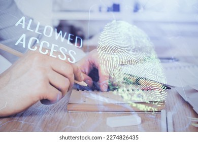 Concept of the future of security and password control through advanced technology. Fingerprint scan provides safe access with biometrics identification. Multi exposure.