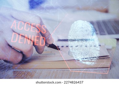 Concept of the future of security and password control through advanced technology. Fingerprint scan provides safe access with biometrics identification. Multi exposure.