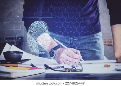 Concept of the future of security and password control through advanced technology. Fingerprint scan provides safe access with biometrics identification. Multi exposure.