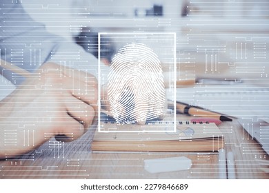 Concept of the future of security and password control through advanced technology. Fingerprint scan provides safe access with biometrics identification. Multi exposure.