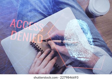 Concept of the future of security and password control through advanced technology. Fingerprint scan provides safe access with biometrics identification. Multi exposure.